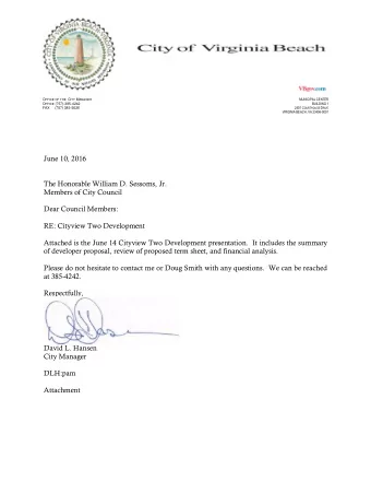 MUNICIPAL CENTER O FFICE OF THE C ITY M ANAGER BUILDING 1 O FFICE (757)-385-4242  March 4, 2016