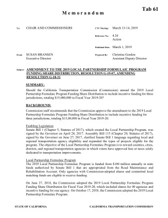 Tab 61  M e m o r a n d u m  CHAIR AND COMMISSIONERS CTC Meeting:  March 13-14, 2019  To: Reference