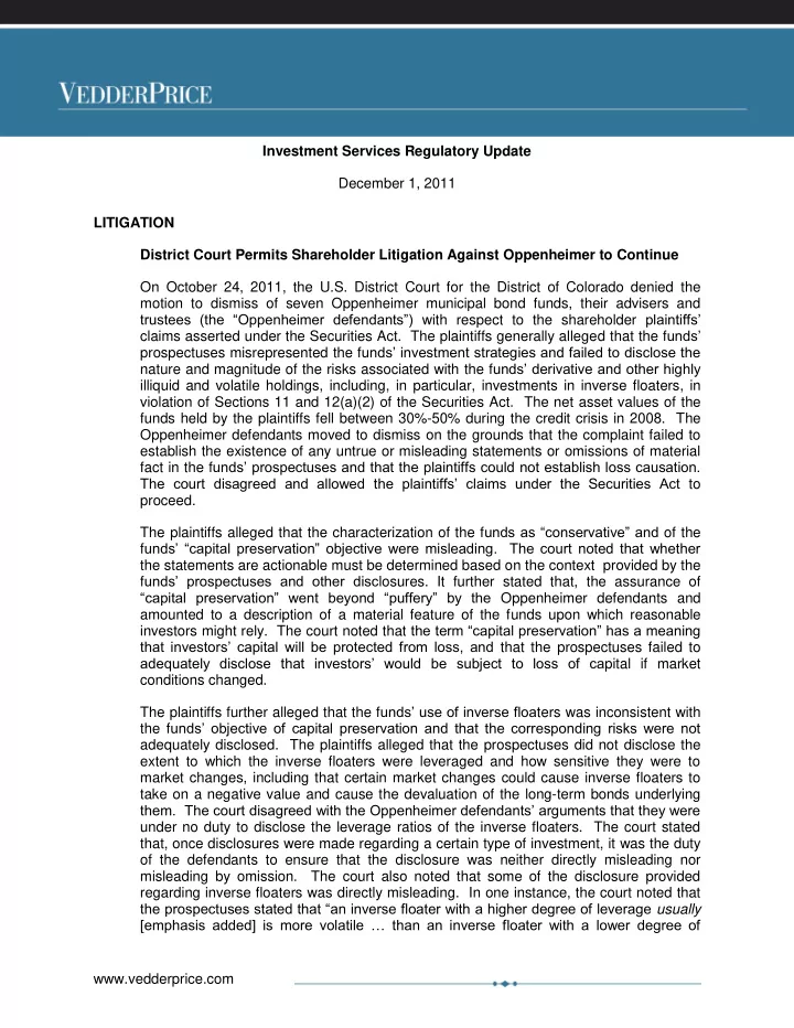 investment services regulatory update december 1 2011