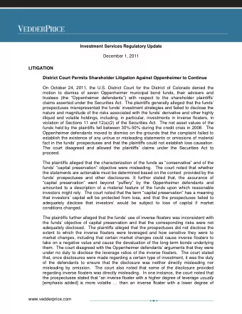 Investment Services Regulatory Update  December 1, 2011  LITIGATION  District Court Permits