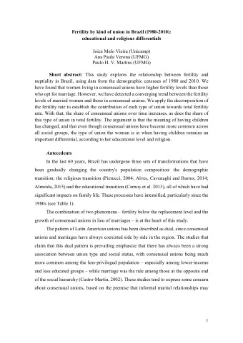 Fertility by kind of union in Brazil (1980-2010):  educational and religious differentials  Joice
