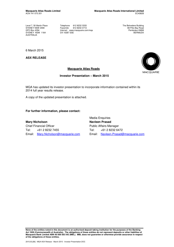 6 march 2015 asx release macquarie atlas roads investor