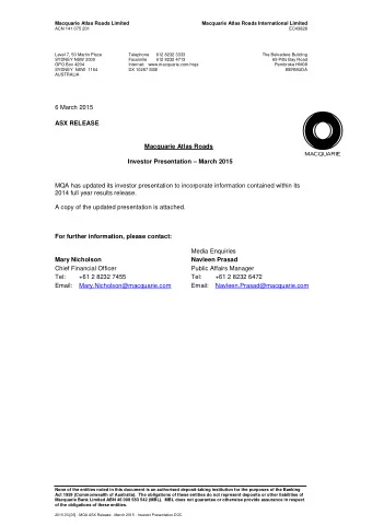 6 March 2015  ASX RELEASE  Macquarie Atlas Roads Investor Presentation  March 2015  MQA has
