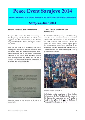 Peace Event Sarajevo 2014  From a World of War and Violence to a Culture of Peace and Nonviolence