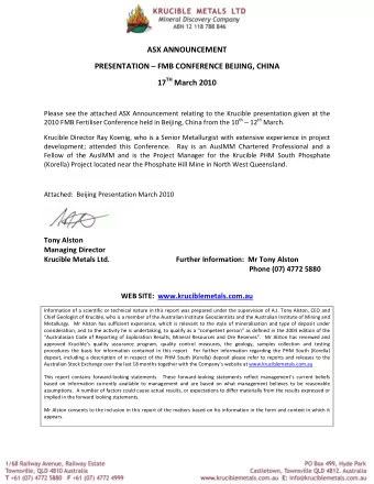 ASX ANNOUNCEMENT  PRESENTATION  FMB CONFERENCE BEIJING, CHINA 17 TH March 2010  Please see the