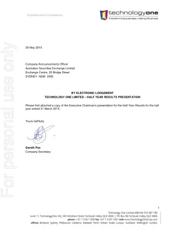 For personal use only  26 May 2015  Company Announcements Officer  Australian Securities Exchange