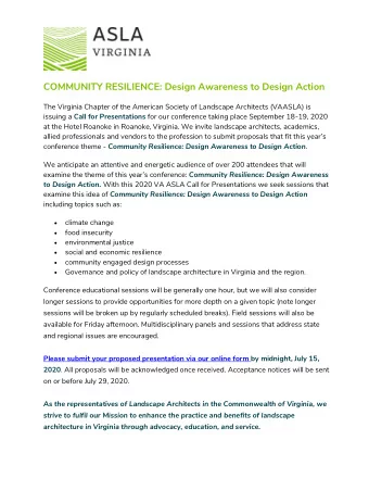 COMMUNITY RESILIENCE: Design Awareness to Design Action  The Virginia Chapter of the American