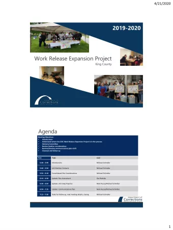 2019-2020  Work Release Expansion Project  King County  Agenda  Meeting Objectives:
