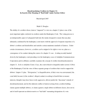 Disenfranchising Creditors in Chapter 11: In Search of the Meaning of Bad Faith under Section