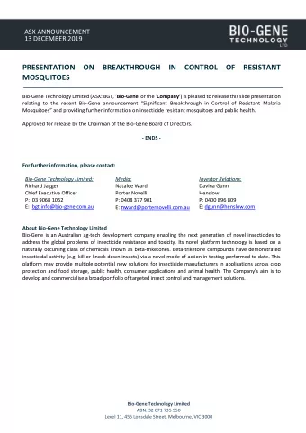 PRESENTATION ON BREAKTHROUGH IN CONTROL OF RESISTANT MOSQUITOES Bio-Gene Technology Limited (ASX: