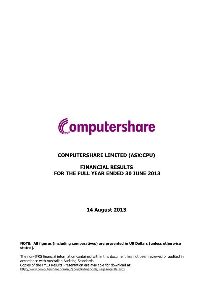 computershare limited asx cpu financial results for the