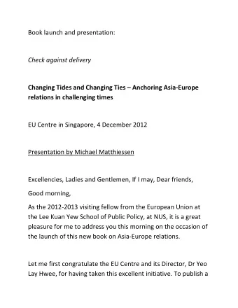 Book launch and presentation:  Check against delivery Changing Tides and Changing Ties