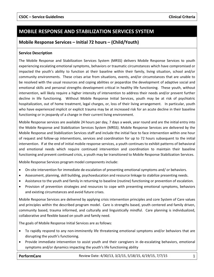 csoc service guidelines clinical criteria