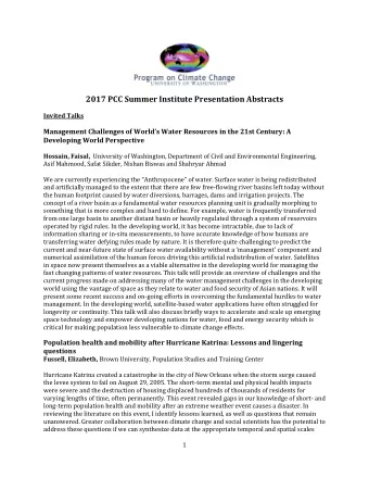 2017 PCC Summer Institute Presentation Abstracts  Invited Talks  Management Challenges of Worlds