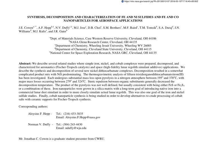 synthesis decomposition and characterization of fe and ni