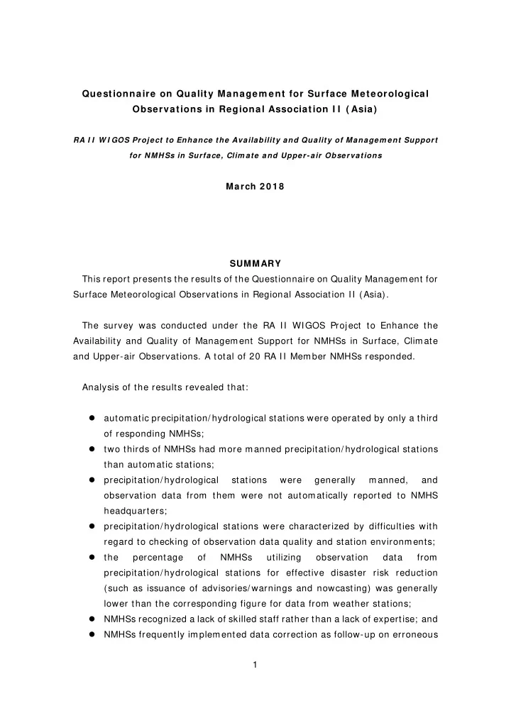 questionnaire on quality managem ent for surface