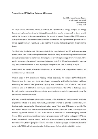 Presentation on IRP2 by Ompi Aphane and Discussion  Earthlife hosted Energy Caucus  Elijah Barayi