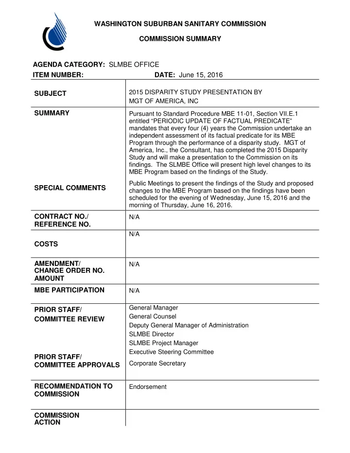 washington suburban sanitary commission commission summary