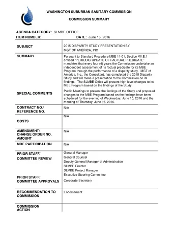 WASHINGTON SUBURBAN SANITARY COMMISSION  COMMISSION SUMMARY AGENDA CATEGORY: SLMBE OFFICE ITEM