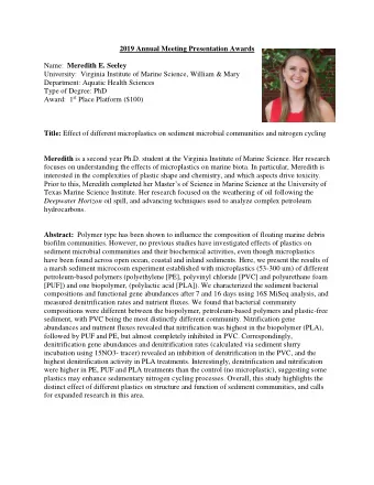 2019 Annual Meeting Presentation Awards Name: Meredith E. Seeley  University:  Virginia Institute