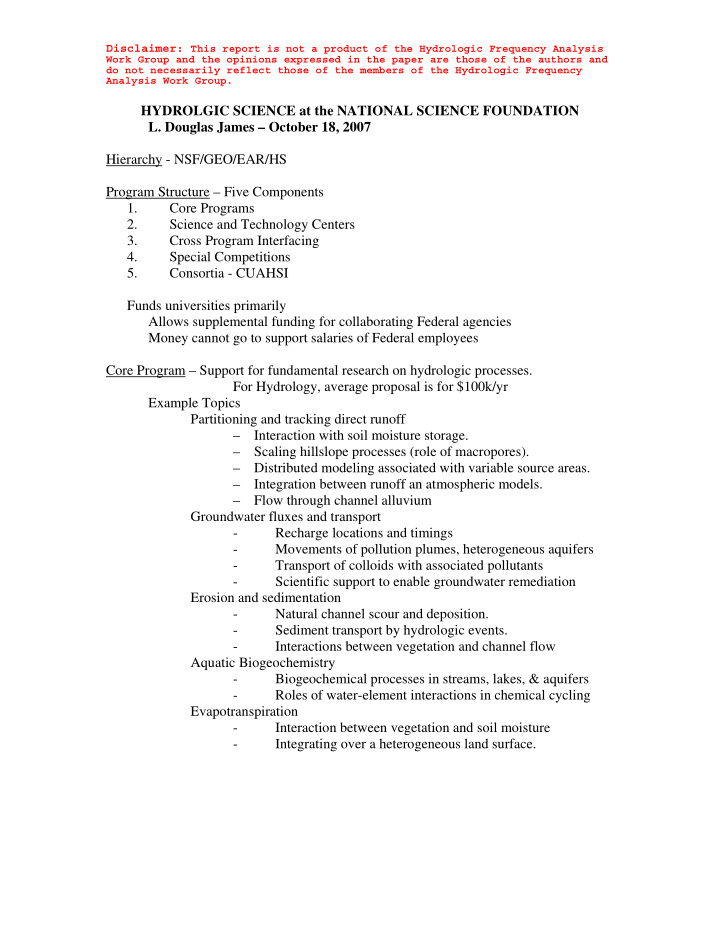 analysis work group hydrolgic science at the national