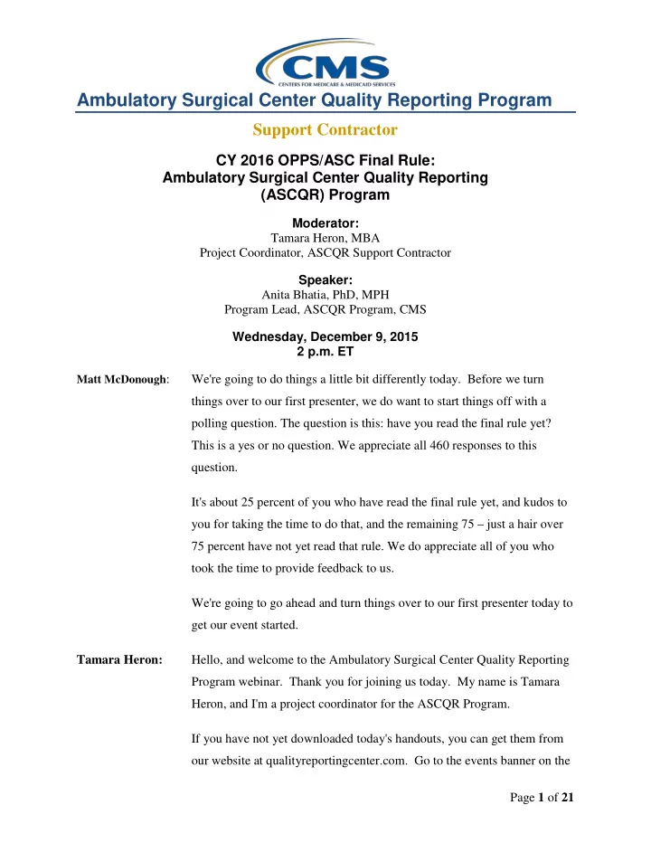 ambulatory surgical center quality reporting program