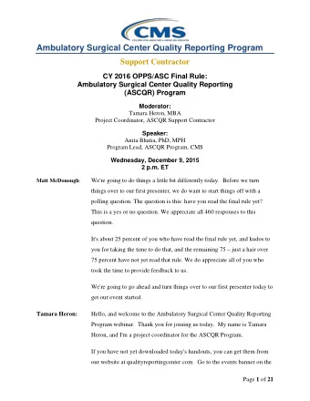 Ambulatory Surgical Center Quality Reporting Program  Support Contractor  CY 2016 OPPS/ASC Final