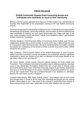 PRESS RELEASE  Suffolk Community Awards Event honouring groups and  individuals who contribute so