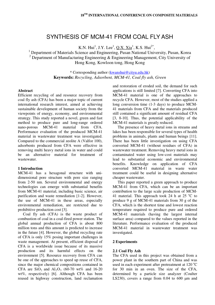 synthesis of mcm 41 from coal fly ash