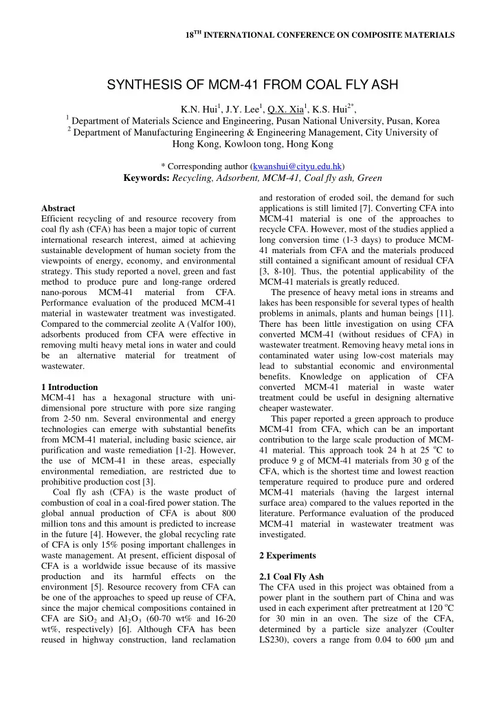 synthesis of mcm 41 from coal fly ash