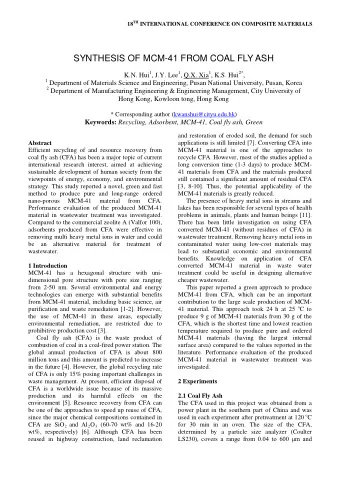 SYNTHESIS OF MCM-41 FROM COAL FLY ASH K.N. Hui 1 , J.Y. Lee 1 , Q.X. Xia 1 , K.S. Hui 2* , 1