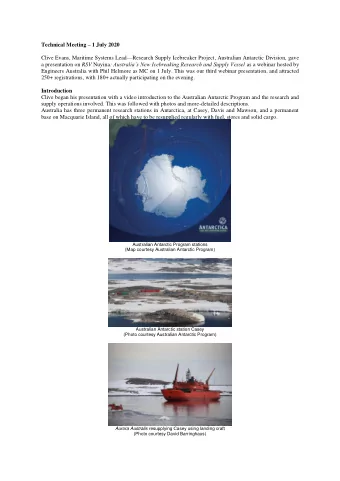 Technical Meeting  1 July 2020 Clive Evans, Maritime Systems Lead  Research Supply Icebreaker