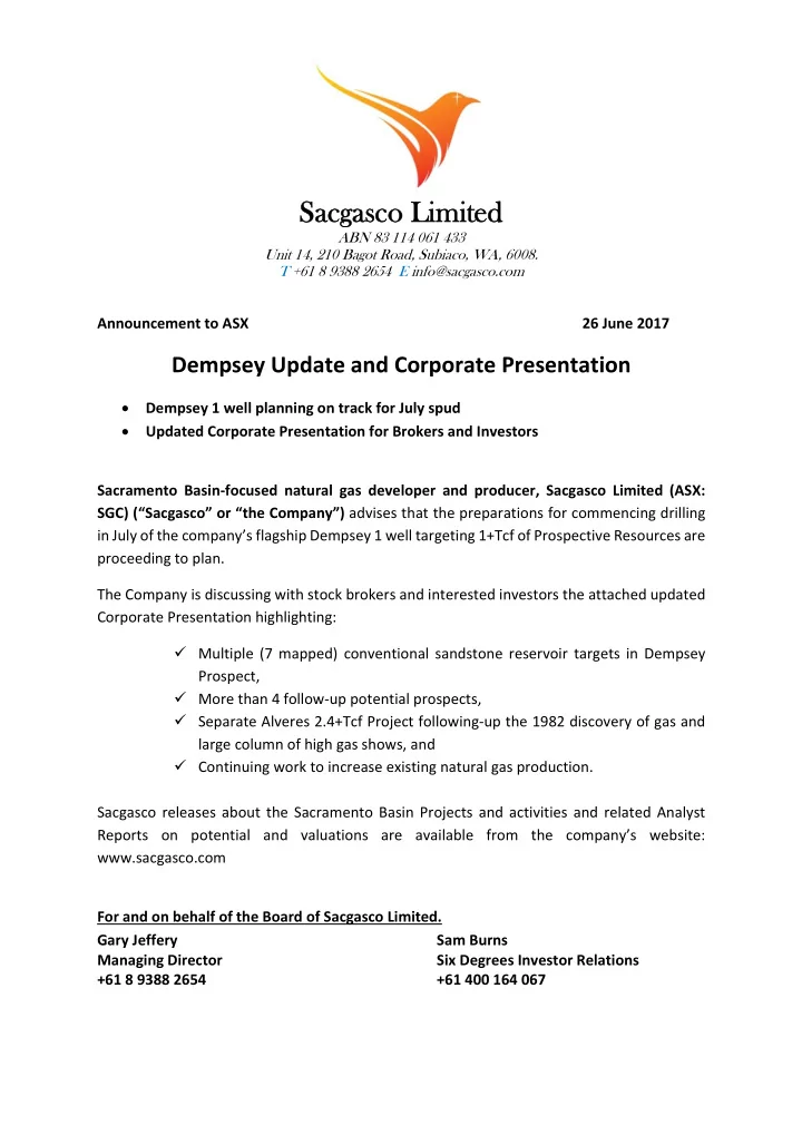 sacgasco limited sacgasco limited