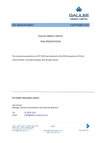 ABN 11 064 957 419  PESA Symposium 2010  Galilee Basin CSG Exploration 6 th September 2010 Andrew