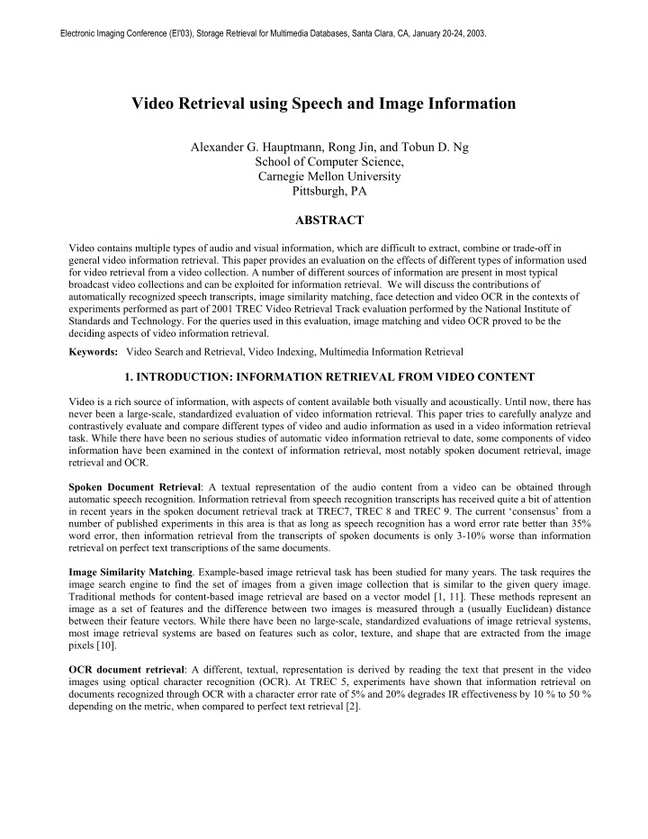 video retrieval using speech and image information