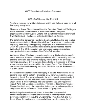 WWW Contributory Participant Statement  CRC LPAT Hearing May 21, 2019  You have received my written
