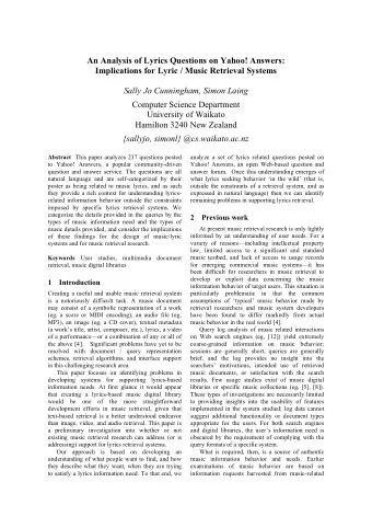 An Analysis of Lyrics Questions on Yahoo! Answers:  Implications for Lyric / Music Retrieval