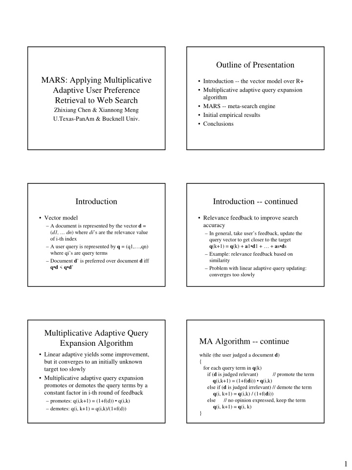 outline of presentation mars applying multiplicative