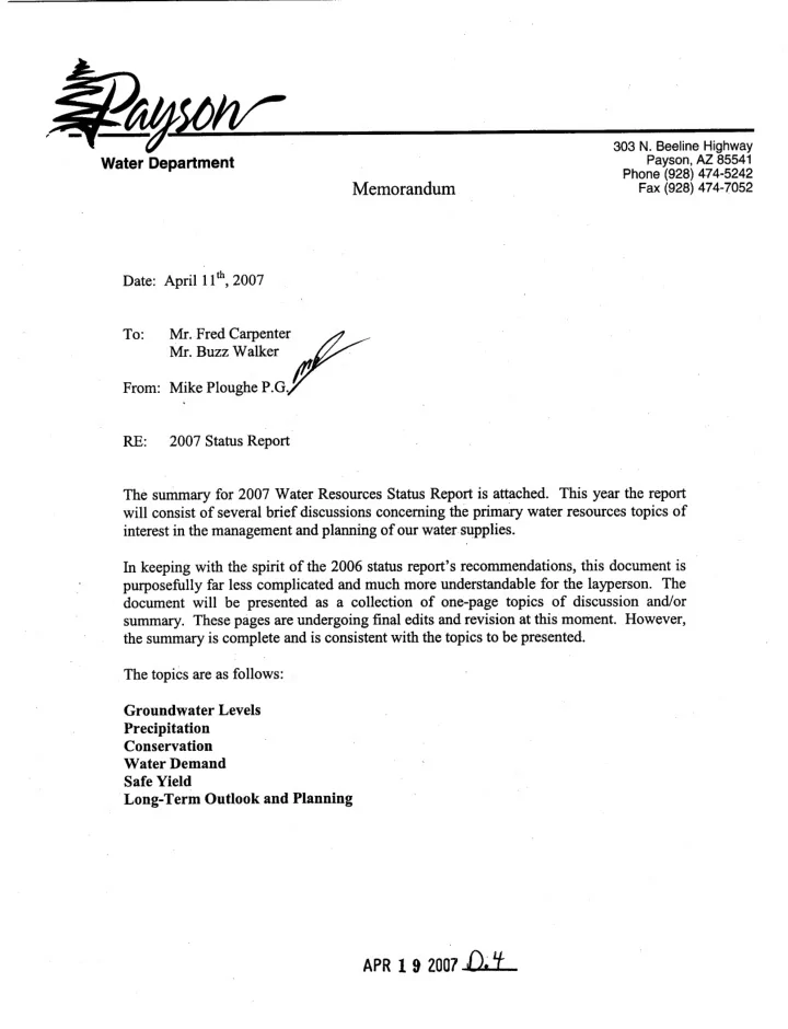 town of payson water resources management 2007 status