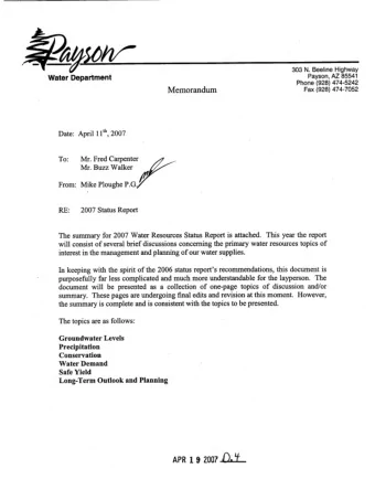 TOWN OF PAYSON  WATER RESOURCES MANAGEMENT  2007 STATUS REPORT APRIL 13 TH , 2007  Prepared By: