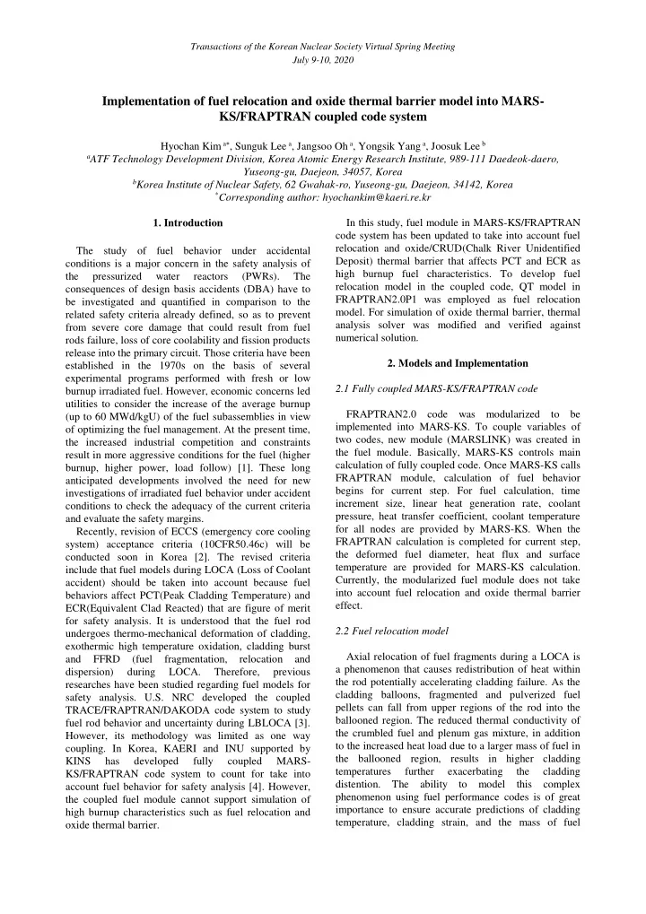 implementation of fuel relocation and oxide thermal
