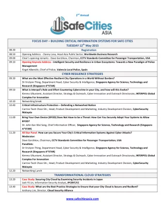 FOCUS DAY  BUILDING CRITICAL INFORMATION SYSTEMS FOR SAFE CITIES TUESDAY 12 th May 2015  08.30