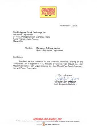 San Miguel Corporation  2013 September YTD Results Investors Briefing  November 11, 2013