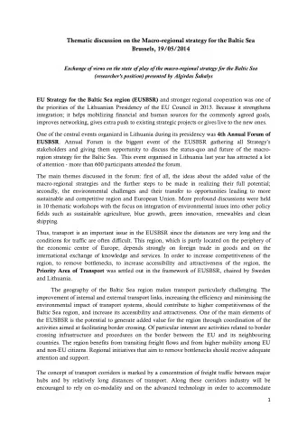 Thematic discussion on the Macro-regional strategy for the Baltic Sea  Brussels, 19/05/2014