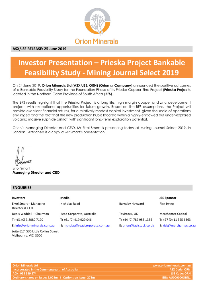 investor presentation prieska project bankable