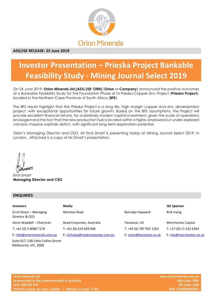 investor presentation prieska project bankable