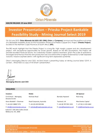 Investor Presentation  Prieska Project Bankable  Feasibility Study - Mining Journal Select 2019