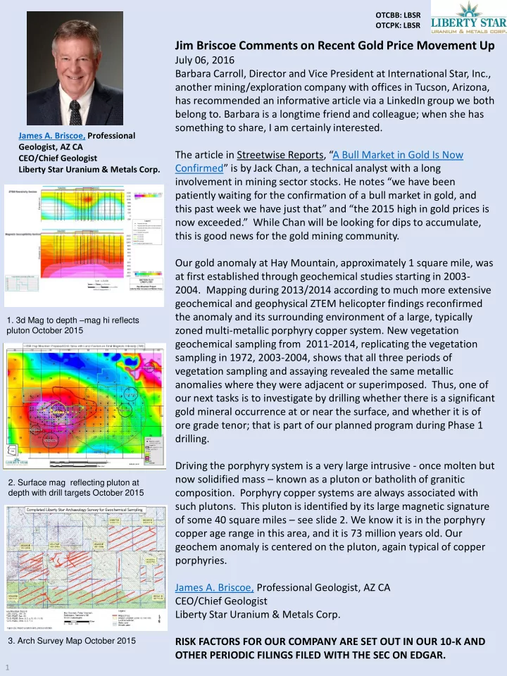 jim briscoe comments on recent gold price movement up