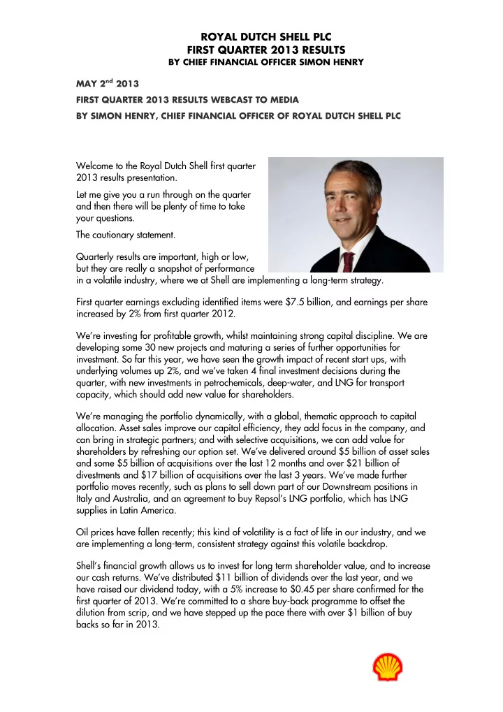 royal dutch shell plc first quarter 2013 results by chief