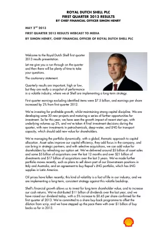 ROYAL DUTCH SHELL PLC  FIRST QUARTER 2013 RESULTS BY CHIEF FINANCIAL OFFICER SIMON HENRY MAY 2 nd